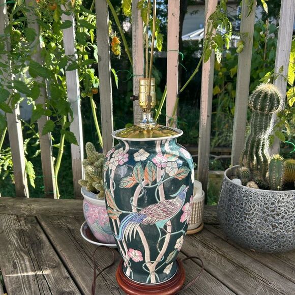 Vintage Chinoiserie Asian Lamp Blue Green Pink Bird Floral 25” Tall - Picture 10 of 16